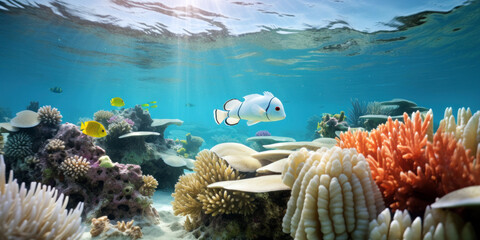 coral reef bleached white, with a solitary clownfish searching for a home