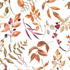 Autumn leaves and foliage seamless pattern. Watercolor hand-drawn fall plant print. Botanical digital paper.