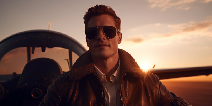 pilot in a bomber jacket and aviator glasses, room for copyspace