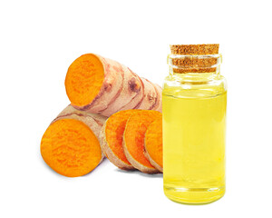 turmeric essential oil in a bottle isolated on a white background