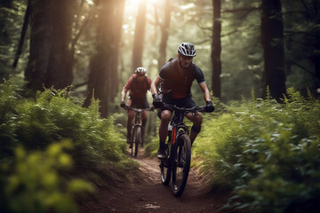 Naklejka premium On Nature Trail - Mountain Bike Riders Through Forest, created with Generative AI technology