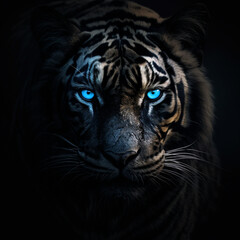 BLACK TIGER WITH BLUE EYES BLACK BACKGROUND