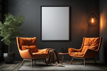 Poster frame mockup in minimalist modern living room interior background, 3D render