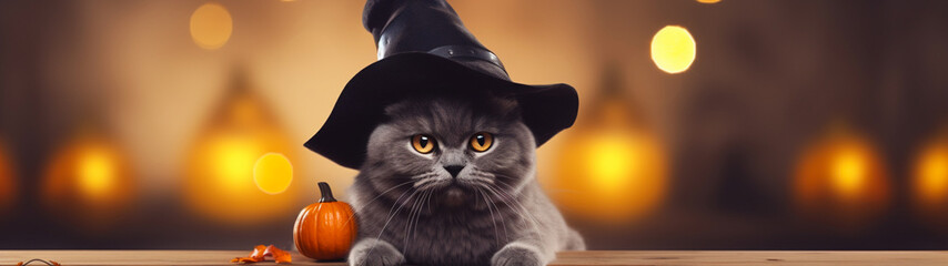 Banner with cute cat in black witch hat on shiny festive gold bokeh background. Halloween design. Pumpkins. Postcard with copy space. Generative AI