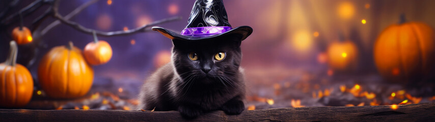 Banner with cute cat in black witch hat on shiny festive gold bokeh background. Halloween design. Pumpkins, glowing Jack O lantern. Postcard with copy space. Generative AI - obrazy, fototapety, plakaty