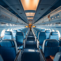 Fototapeta premium Interior of a commercial airliner. A passenger airplane concept that represents travel and vacation. Generative ai. 