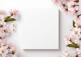 Obraz premium Composition with flowers and blank paper on a beige background. Greetind card mockup. AI Generative.