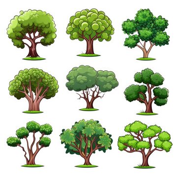 Diversity of trees set on white, tree clip art collection.  AI Generative.