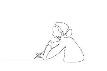 young woman is sitting at the table holding a pen writing something thinking calm line art