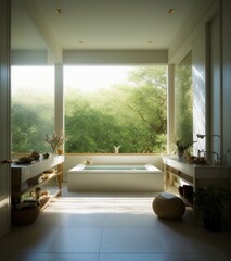 Fototapeta premium A room with a luxurious bathtub and a view of the mountains outside.Generative AI