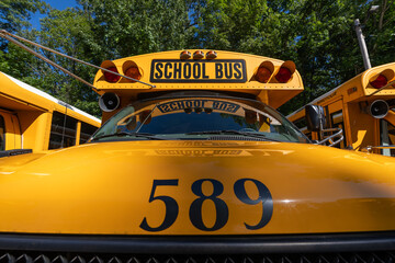 Front of a parked yellow school bus number 589