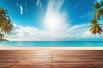 Fototapeta na wymiar Summer panoramic landscape, nature of tropical beach with wooden platform, sunlight. Golden sand beach, palm trees, sea water against blue sky with white clouds. Copy space, summer vacation concept.