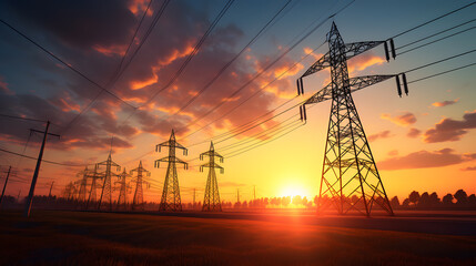 arafed power lines in a field at sunset with the sun setting Generative AI