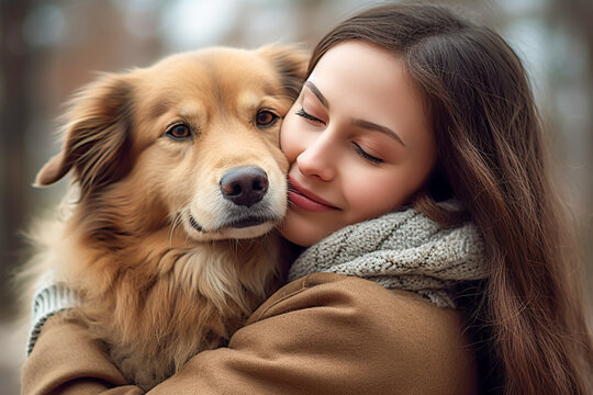 Photo of a woman embracing her beloved dog in an outdoor setting