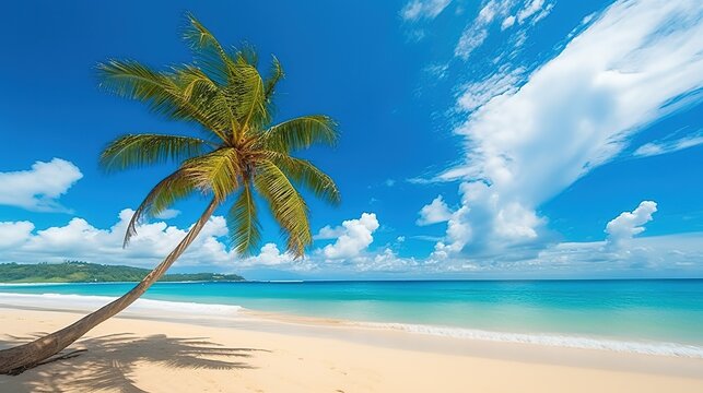 Seascape tropical beach with white sand and palm tree leaning towards turquoise water of ocean on bright hot sunny day. Blue sky with clouds. Summer vacation.