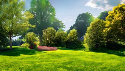 Fototapeta premium the essence of a beautiful country landscape with a wide format image of a manicured lawn surrounded by lush trees and shrubs on a radiant summer day