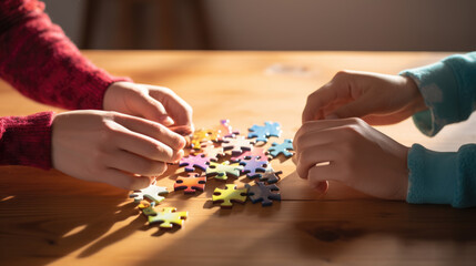 Concept of teamwork and partnership. Hands join puzzle pieces on sunny background.