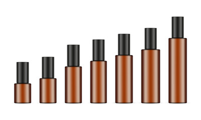 Obraz premium Set of Amber Cosmetic Bottles Mockups With Black Caps, Different Sizes, Isolated on White Background. Vector Illustration