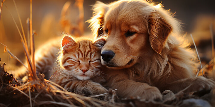 S&uuml;&szlig;er Hund und flauschige Katze beim kuscheln im Querformat als Banner, ai generativ