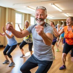 Fototapeta na wymiar Multiracial group of senior people in sportswear doing strength building fitness exercises with happy and smiling at camera. AI Generative.