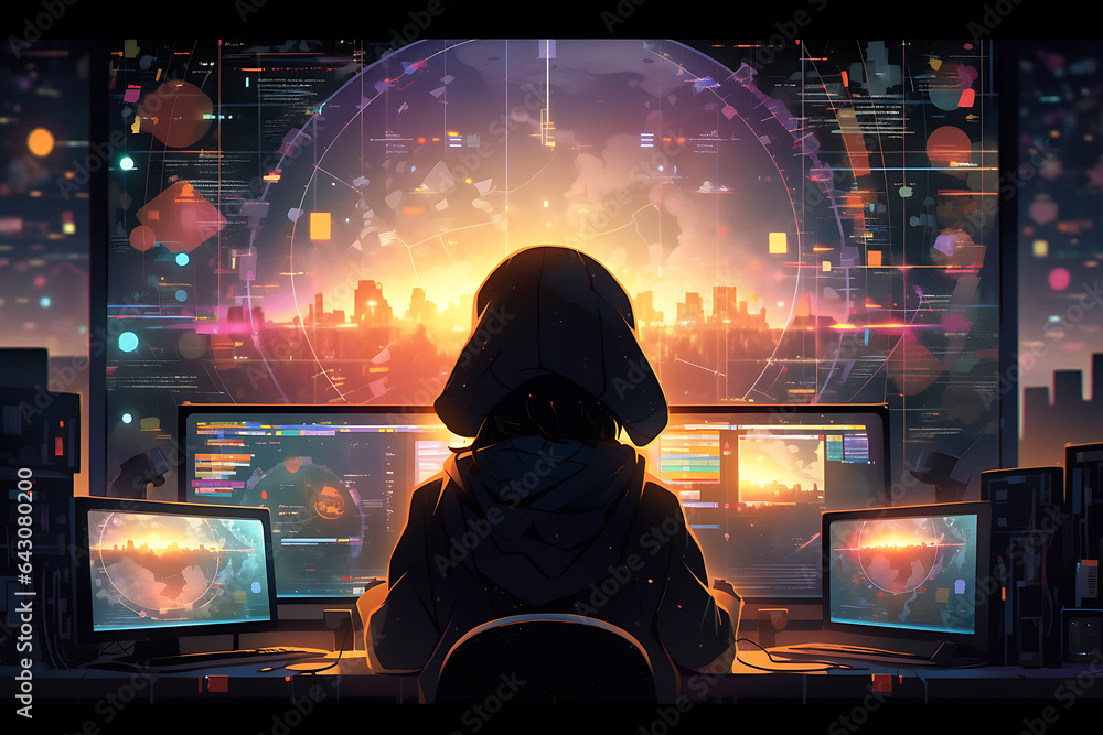 Poster hacker sitting at the computer, cyber security and anti-spyware concept