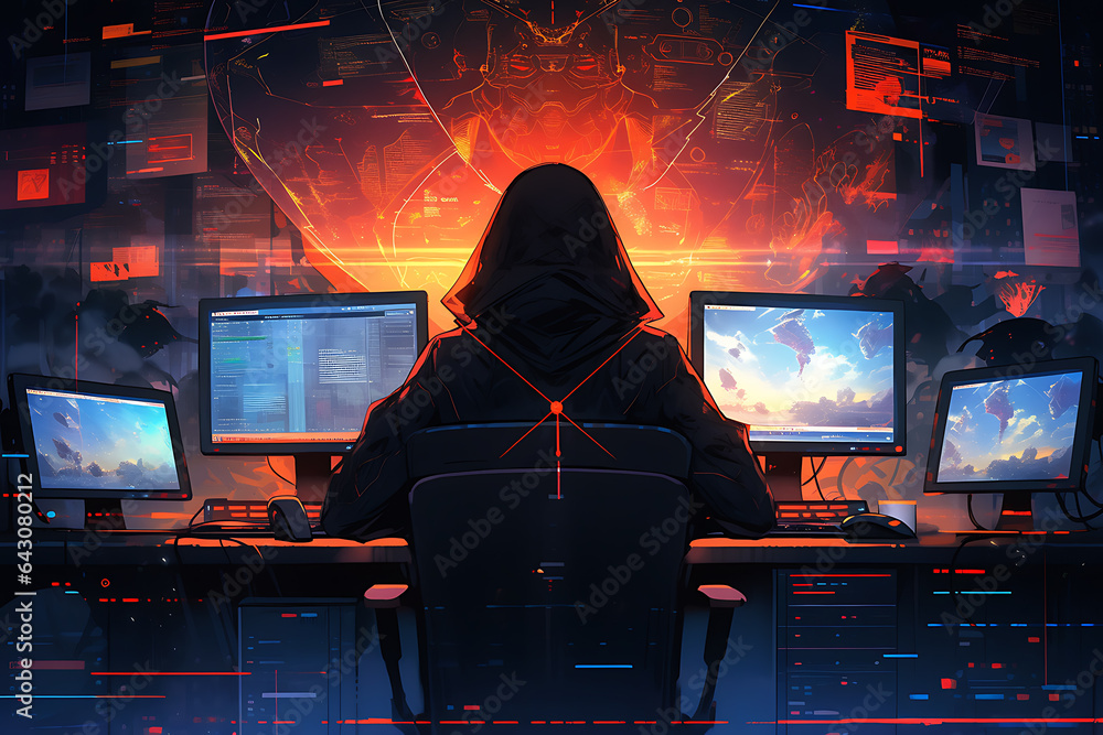 Poster hacker sitting at the computer, cyber security and anti-spyware concept