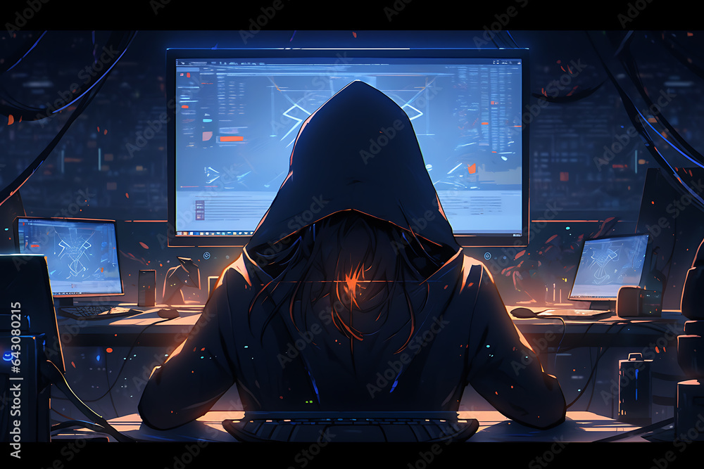 Poster hacker sitting at the computer, cyber security and anti-spyware concept