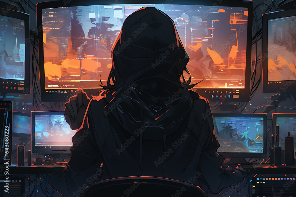 Poster hacker sitting at the computer, cyber security and anti-spyware concept