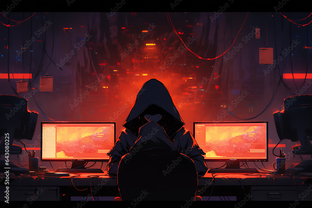 Poster hacker sitting at the computer, cyber security and anti-spyware concept