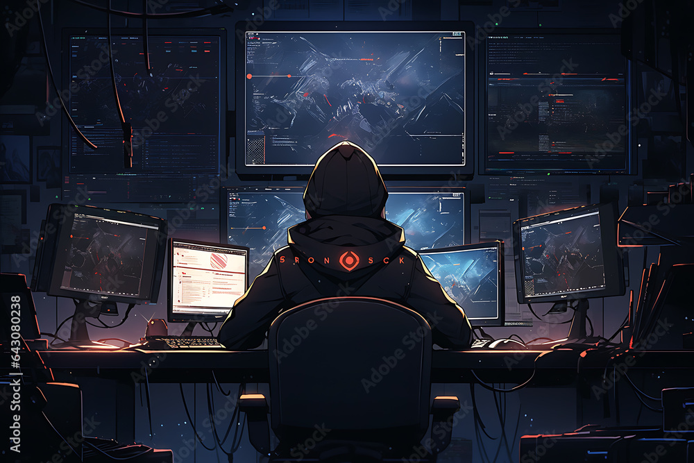 Poster hacker sitting at the computer, cyber security and anti-spyware concept