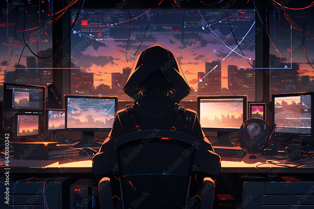 Poster hacker sitting at the computer, cyber security and anti-spyware concept