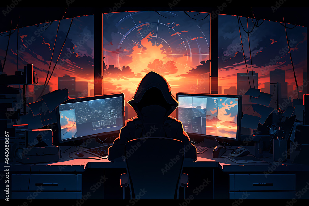 Poster hacker sitting at the computer, cyber security and anti-spyware concept . ai generated