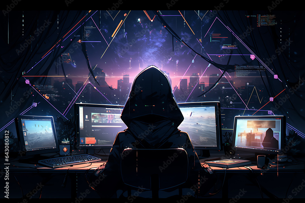 Poster hacker sitting at the computer, cyber security and anti-spyware concept . ai generated