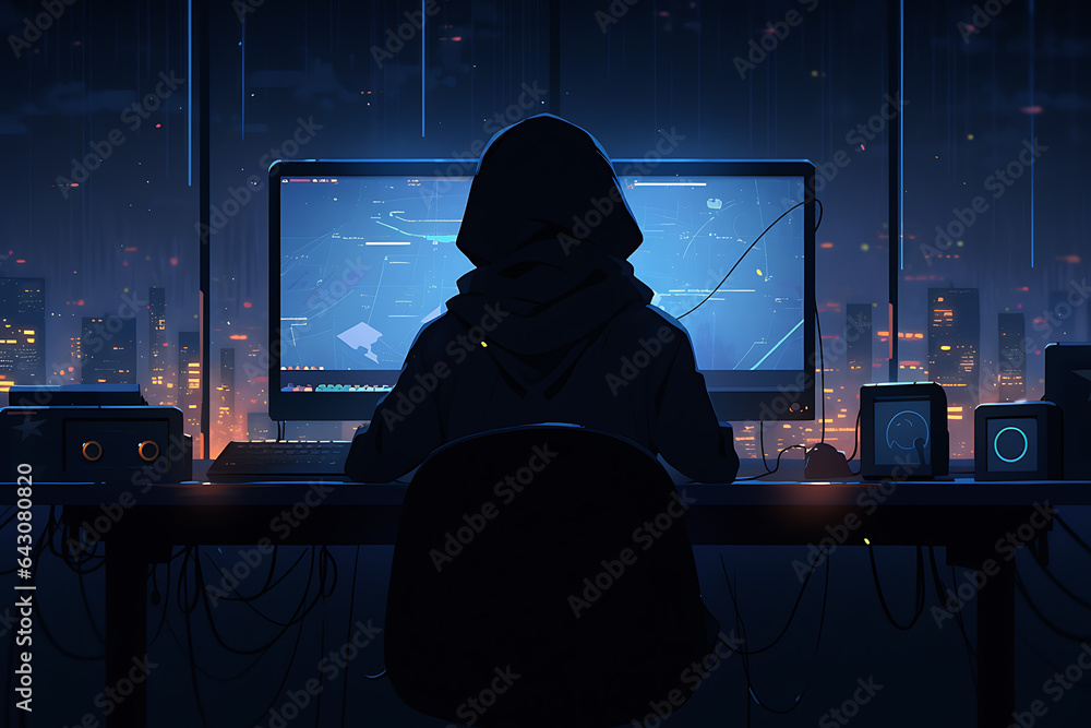 Poster hacker sitting at the computer, cyber security and anti-spyware concept . ai generated