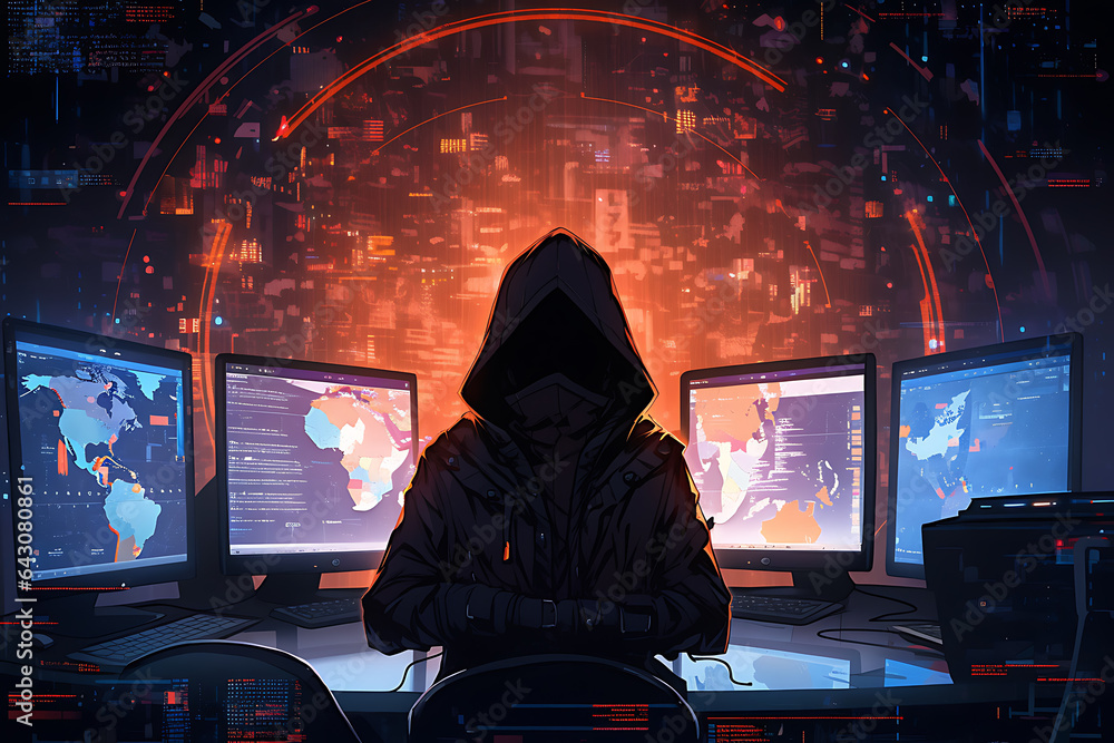 Poster hacker sitting at the computer, cyber security and anti-spyware concept . ai generated