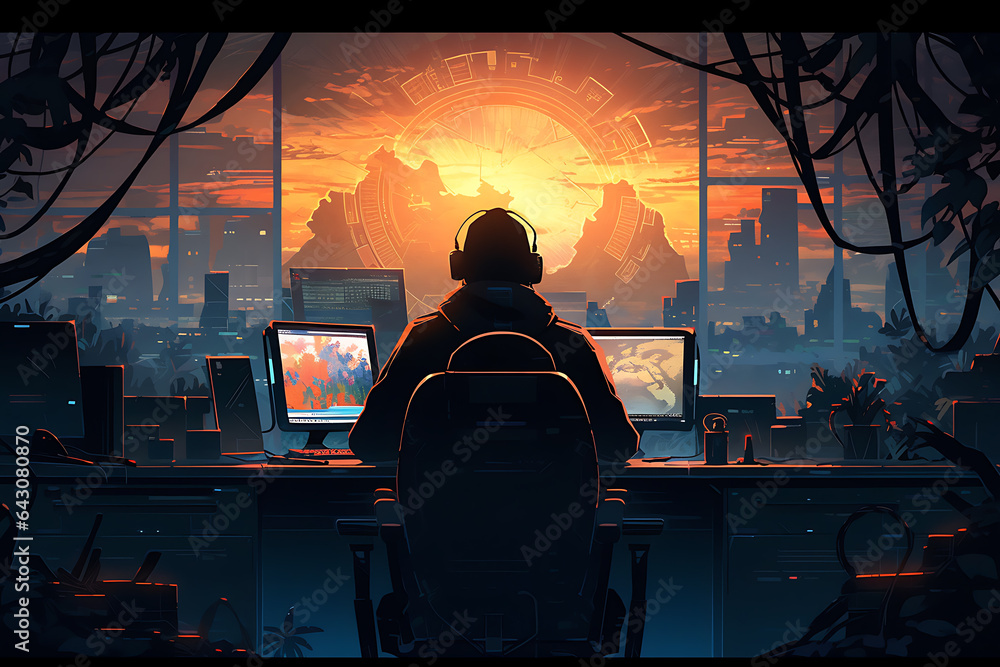 Poster hacker sitting at the computer, cyber security and anti-spyware concept . ai generated