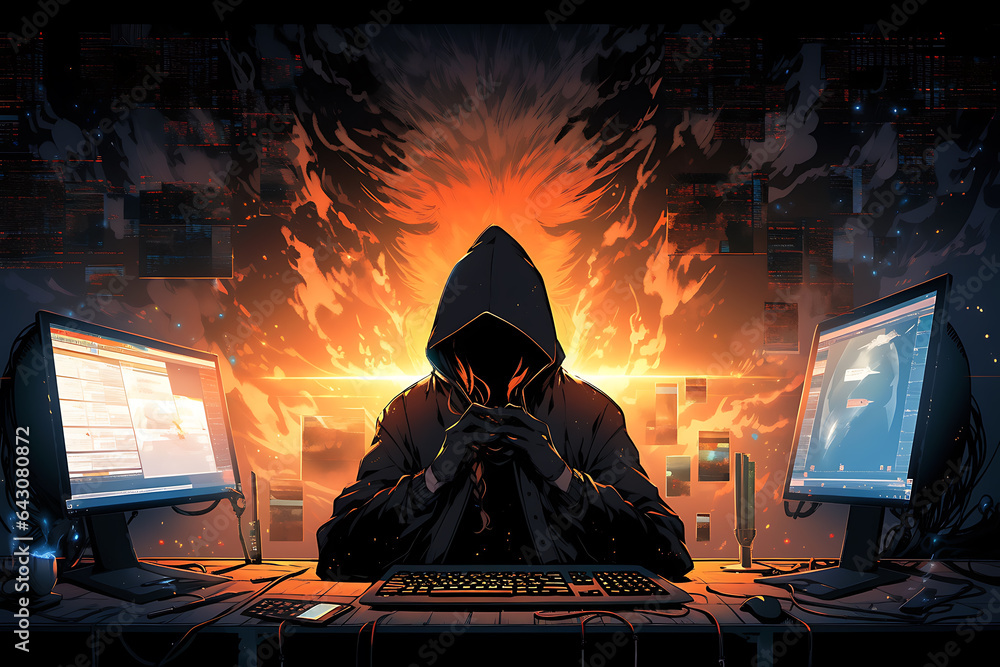 Poster hacker sitting at the computer, cyber security and anti-spyware concept . ai generated