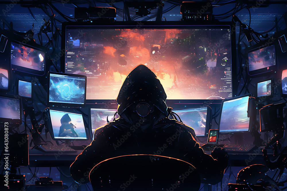 Poster hacker sitting at the computer, cyber security and anti-spyware concept . ai generated