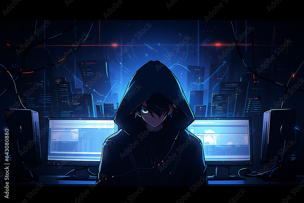 Poster hacker sitting at the computer, cyber security and anti-spyware concept . ai generated