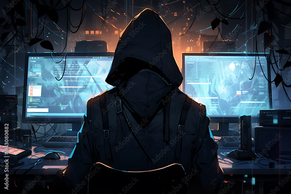 Poster hacker sitting at the computer, cyber security and anti-spyware concept . ai generated