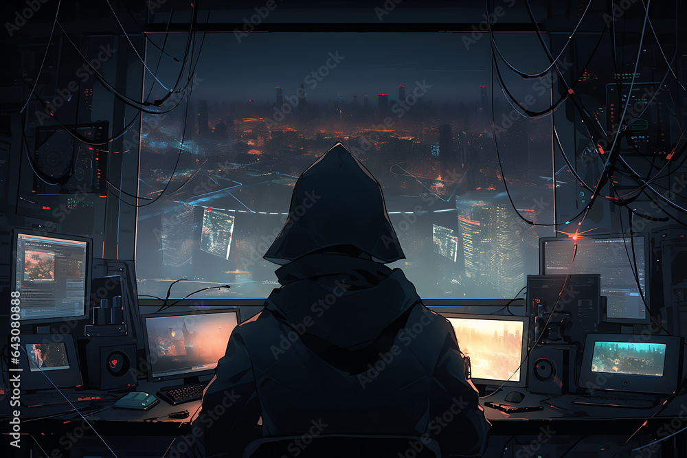 Poster hacker sitting at the computer, cyber security and anti-spyware concept . ai generated