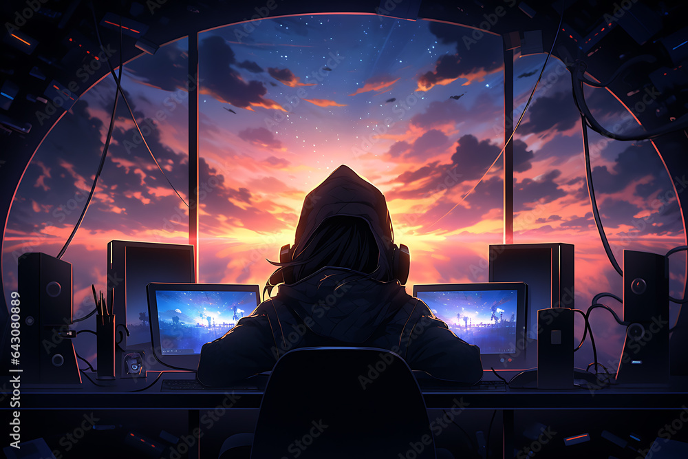 Poster hacker sitting at the computer, cyber security and anti-spyware concept . ai generated
