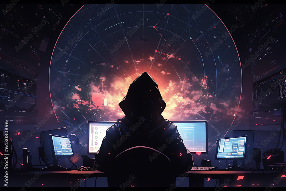 Poster hacker sitting at the computer, cyber security and anti-spyware concept . ai generated
