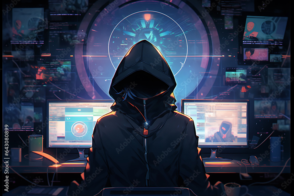 Poster hacker sitting at the computer, cyber security and anti-spyware concept . ai generated