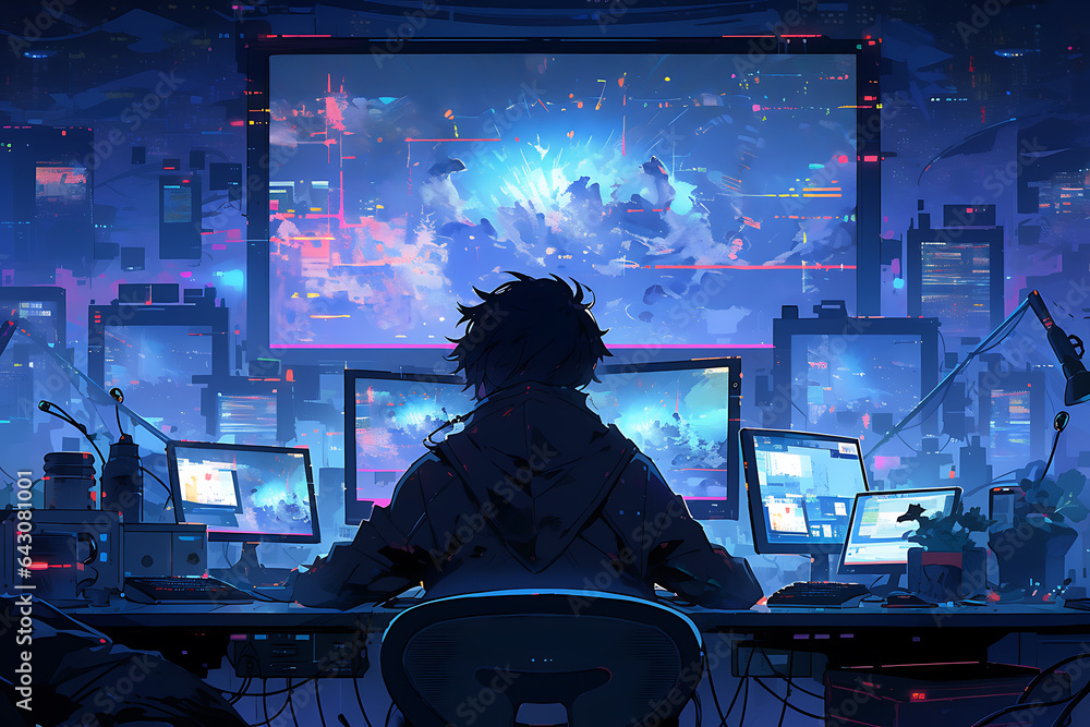 Poster hacker sitting at the computer, cyber security and anti-spyware concept . ai generated