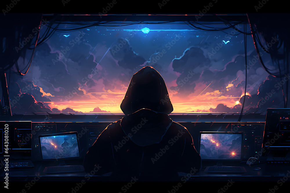 Poster hacker sitting at the computer, cyber security and anti-spyware concept . ai generated