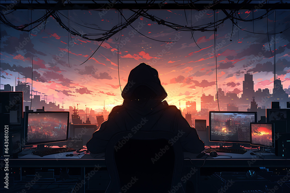 Poster hacker sitting at the computer, cyber security and anti-spyware concept . ai generated