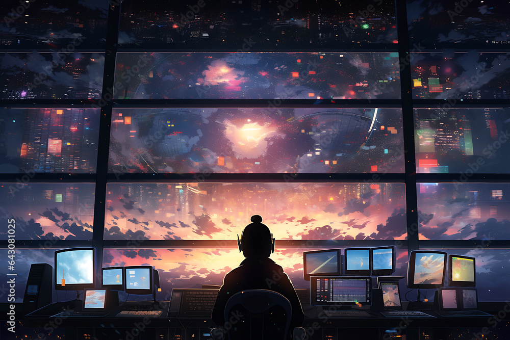 Poster hacker sitting at the computer, cyber security and anti-spyware concept . ai generated