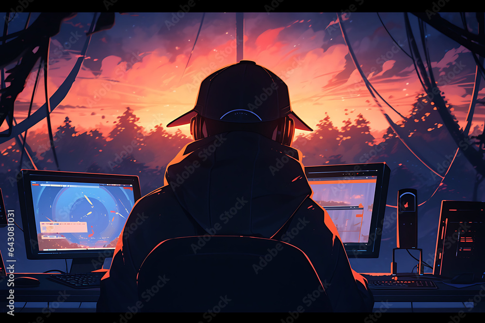 Poster hacker sitting at the computer, cyber security and anti-spyware concept . ai generated