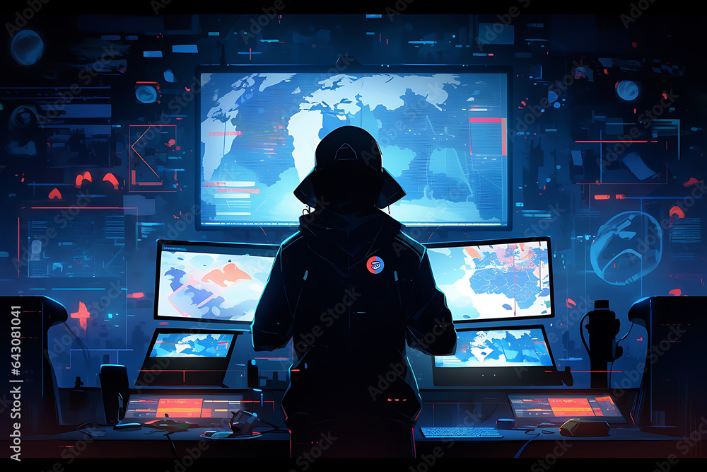 Poster hacker sitting at the computer, cyber security and anti-spyware concept . ai generated